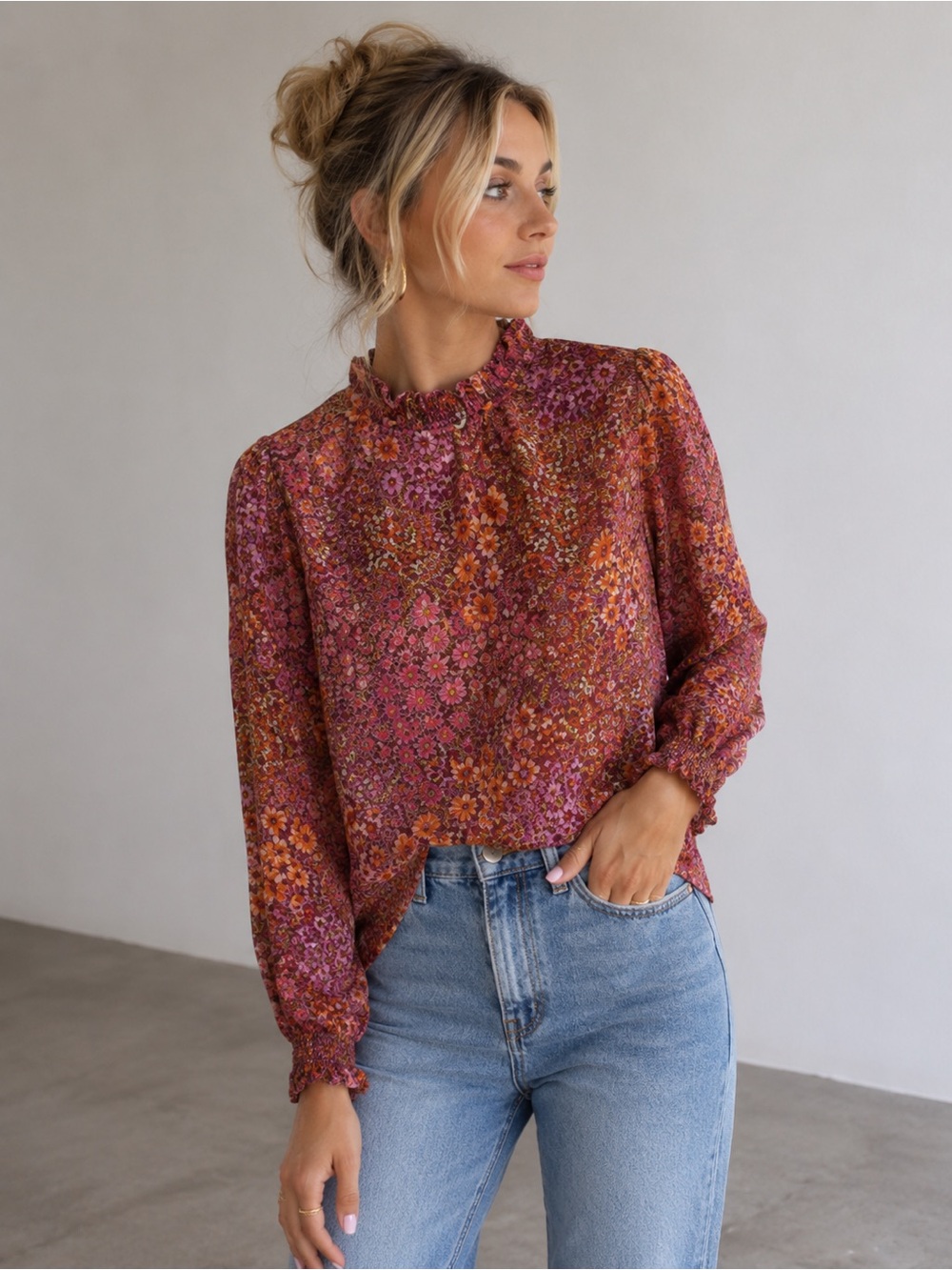 Les Amis Ruffled Top Neck Long Sleeve Floral Romantic Size M NWT